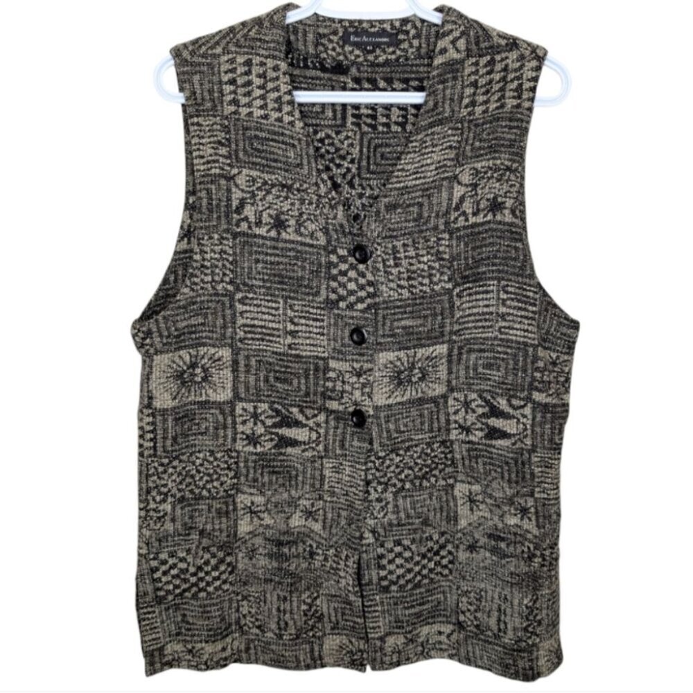 Vintage Eric Alexandre Black and Cream Knit Patterned Vest Size 40 Large Womens